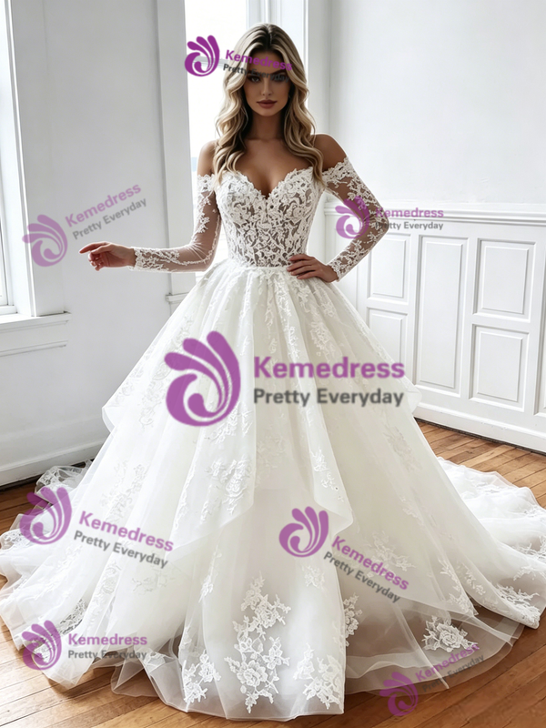 White Tulle Lace Long Sleeve Wedding Dress