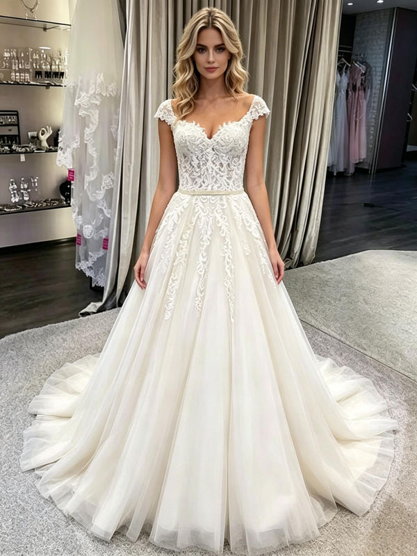 White Tulle Appliques Wedding Dress