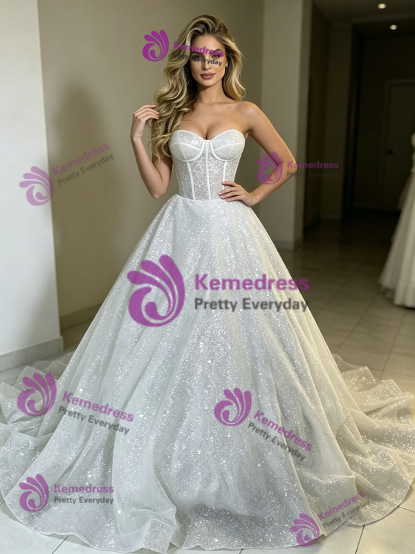 White Sequins Strapless Wedding Dress