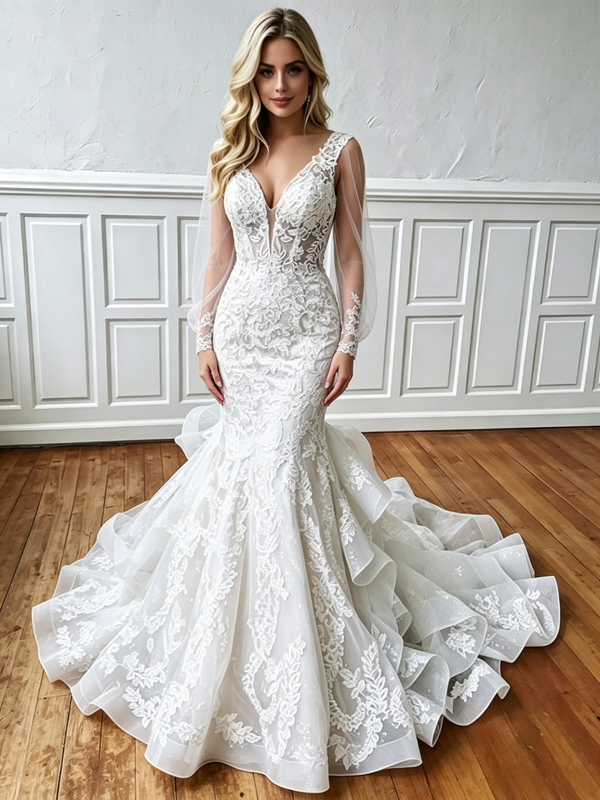 White Mermaid Appliques Long Sleeve Wedding Dress