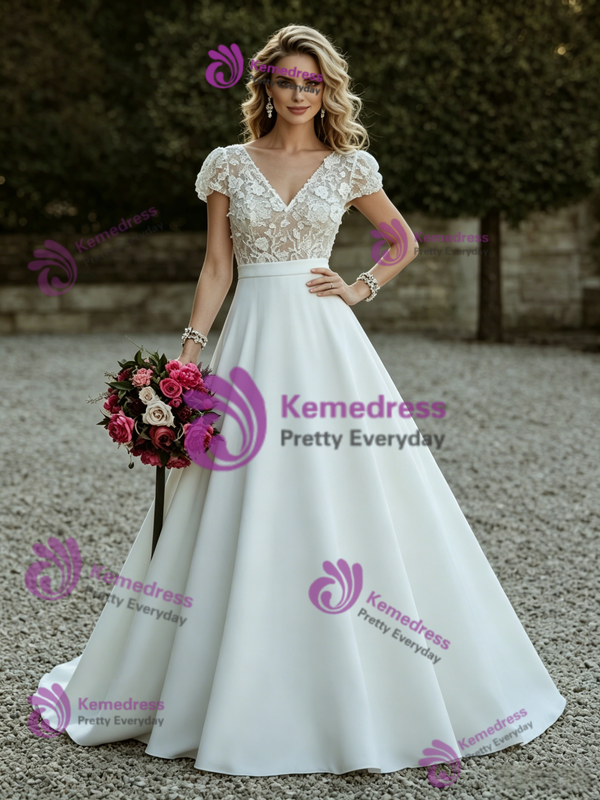White V-neck Lace Cap Sleeve Wedding Dress