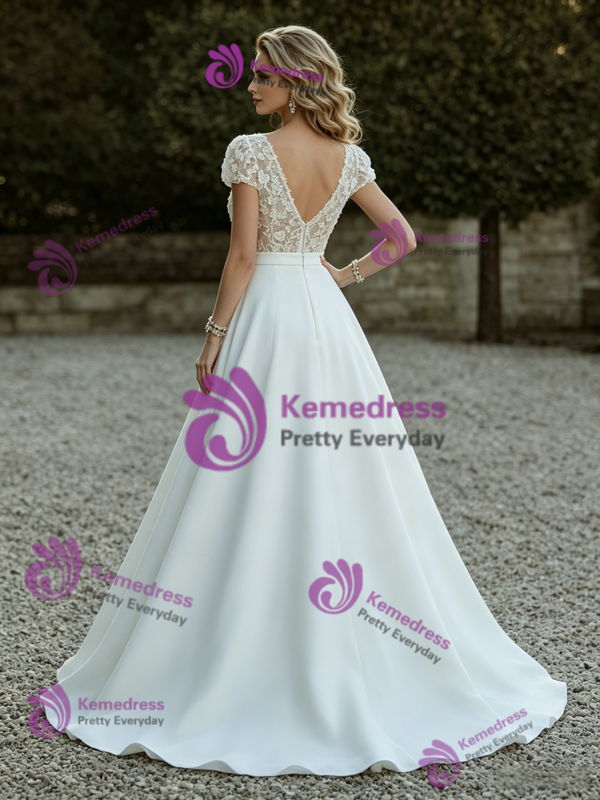 White V-neck Lace Cap Sleeve Wedding Dress