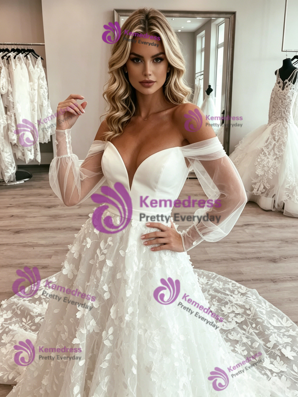 White Strapless Tulle Appliques Wedding Dress