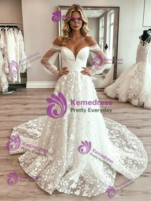 White Strapless Tulle Appliques Wedding Dress