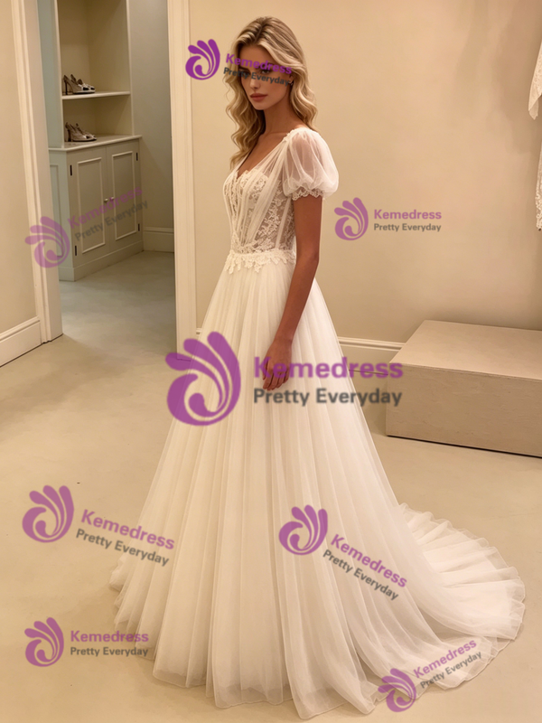 White Tulle Puff Sleeve Lace Wedding Dress