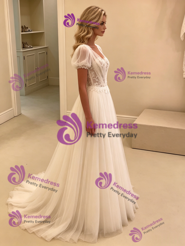 White Tulle Puff Sleeve Lace Wedding Dress