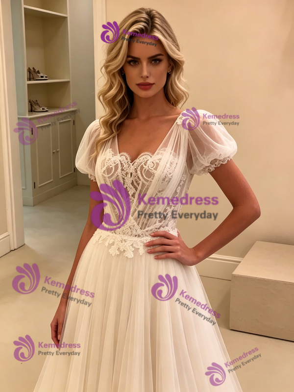White Tulle Puff Sleeve Lace Wedding Dress