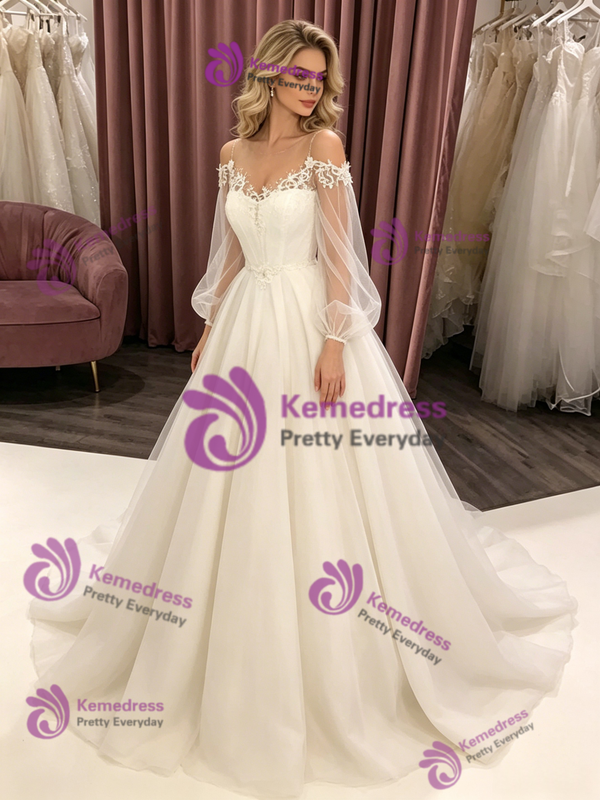 White Tulle Spaghetti Straps Long Sleeve Wedding Dress