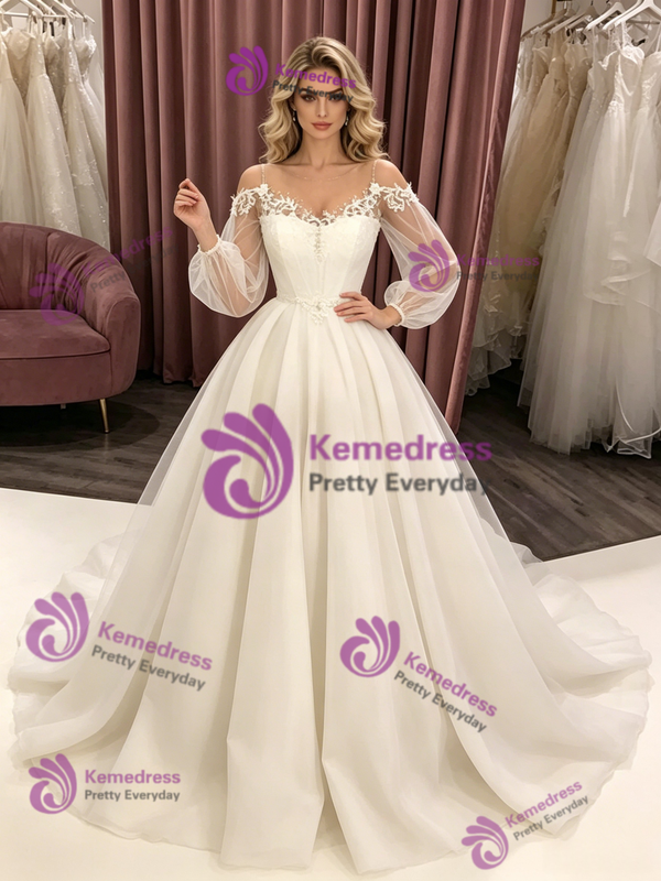 White Tulle Spaghetti Straps Long Sleeve Wedding Dress