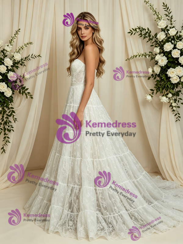 White Lace Strapless Wedding Dress
