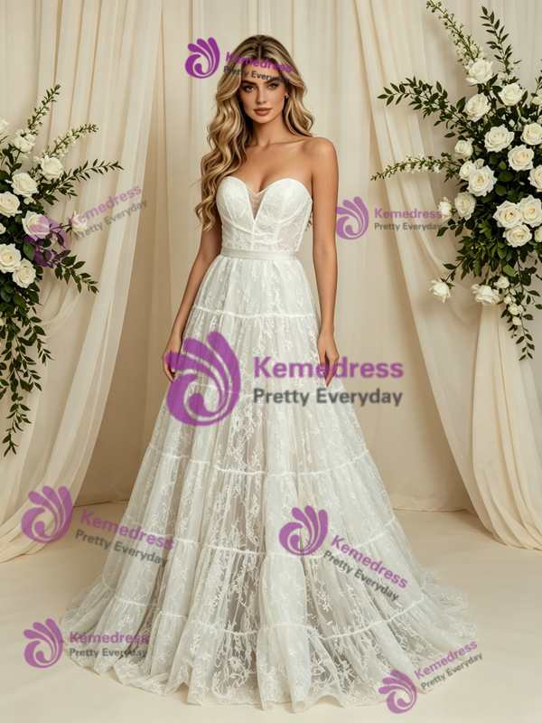 White Lace Strapless Wedding Dress