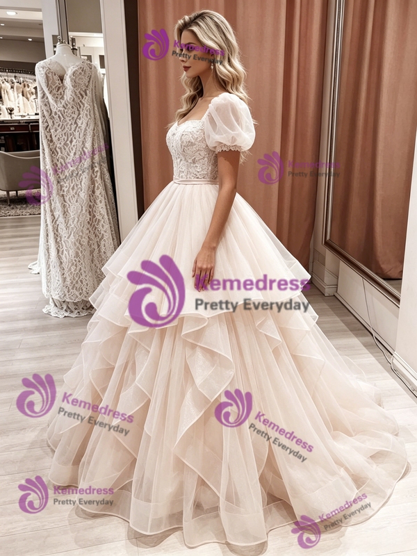 Champagne Tulle Lace Puff Sleeve Wedding Dress