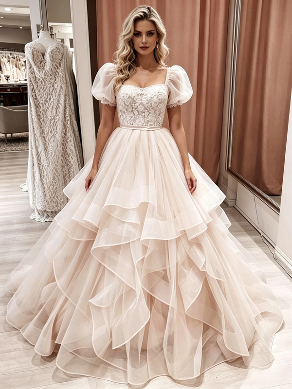 Champagne Tulle Lace Puff Sleeve Wedding Dress