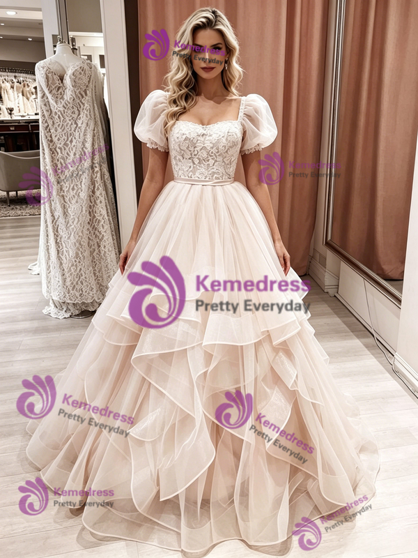 Champagne Tulle Lace Puff Sleeve Wedding Dress