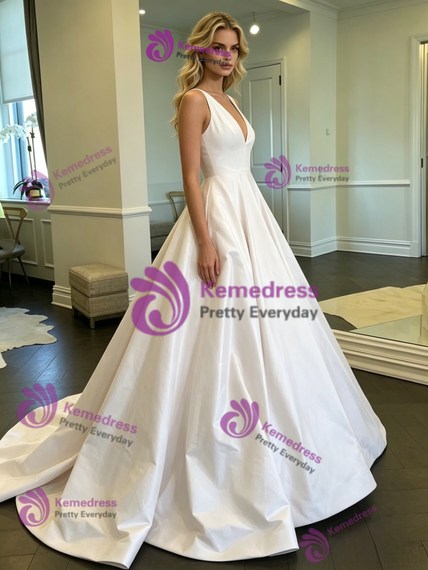White Satin V-neck Wedding Dress