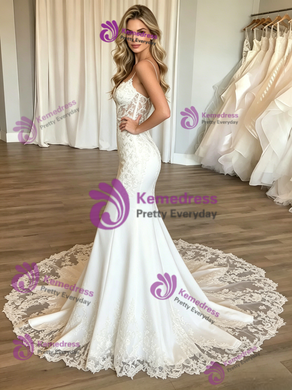 White Mermaid Tulle Lace Spaghetti Straps Wedding Dress