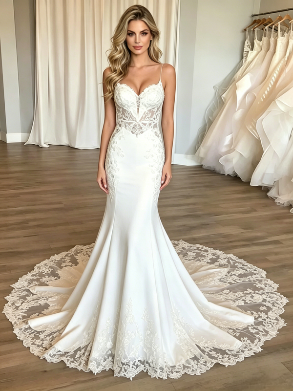 White Mermaid Tulle Lace Spaghetti Straps Wedding Dress