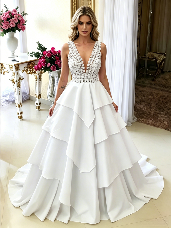 White V-neck Lace Wedding Dress