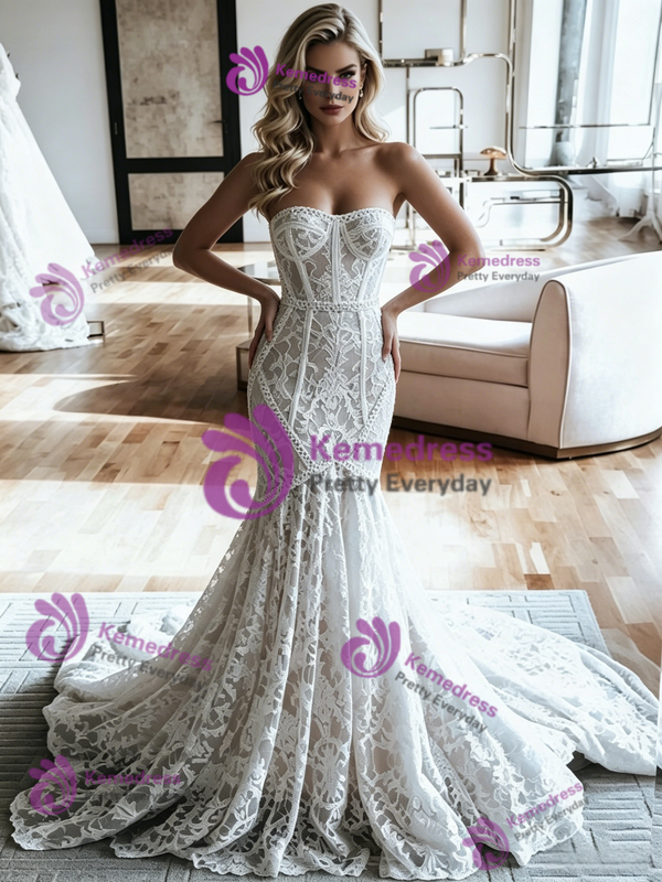 White Mermaid Satin Strapless Wedding Dress