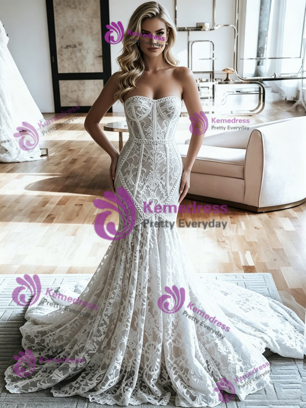 White Mermaid Satin Strapless Wedding Dress