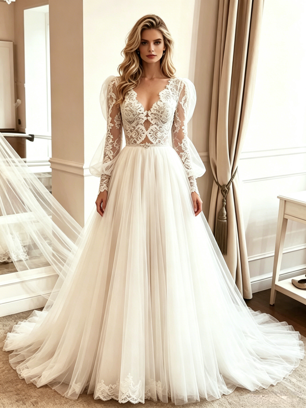 White Tulle Lace Long Sleeve Wedding Dress