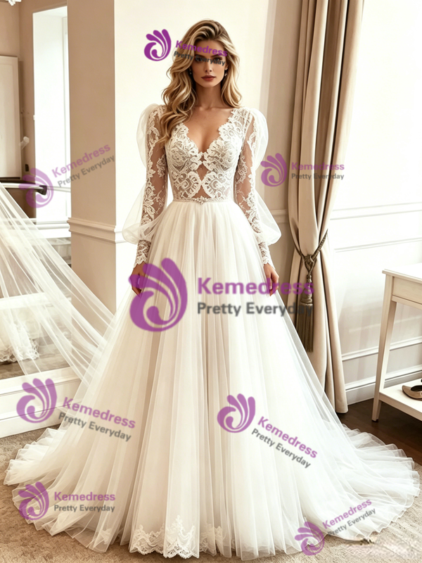 White Tulle Lace Long Sleeve Wedding Dress