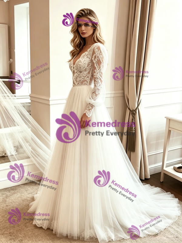 White Tulle Lace Long Sleeve Wedding Dress