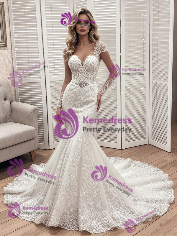 White Mermaid Tulle Lace Long Sleeve Wedding Dress