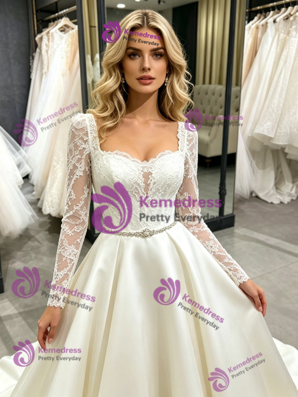 Beige White Satin Lace Long Sleeve Wedding Dress