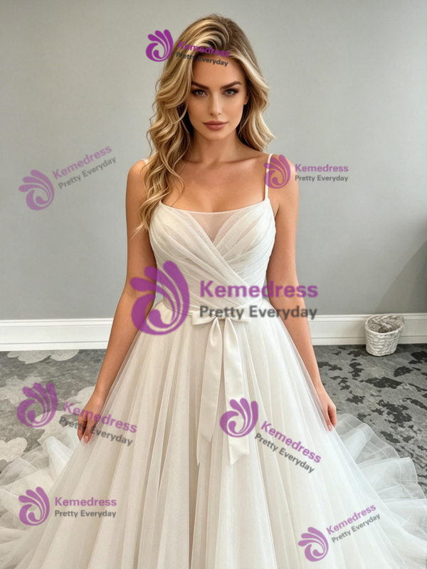 White Tulle Spaghetti Straps Pleats Wedding Dress