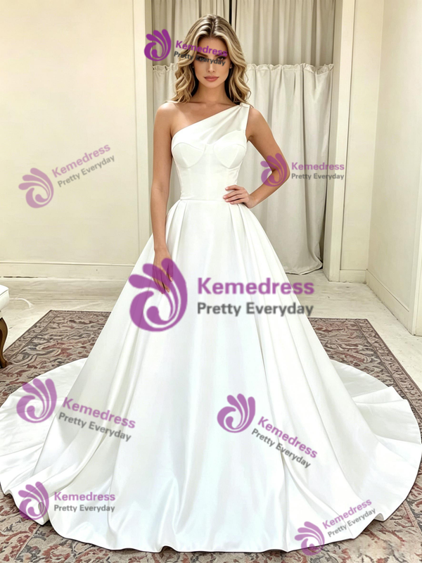 White Satin One Shoulder Wedding Dress