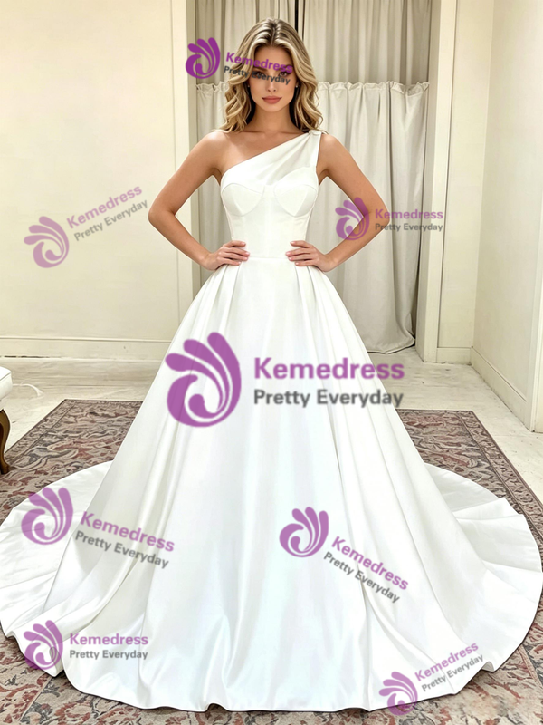White Satin One Shoulder Wedding Dress