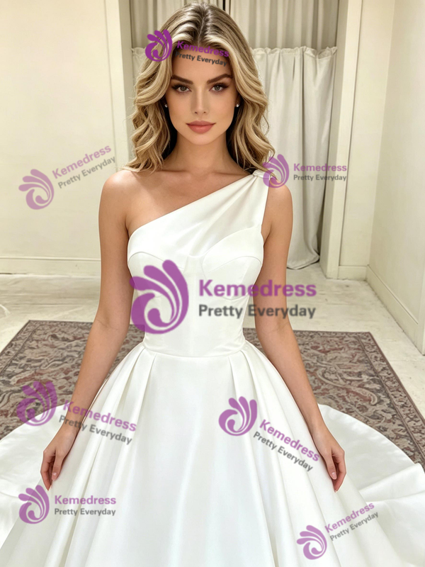 White Satin One Shoulder Wedding Dress