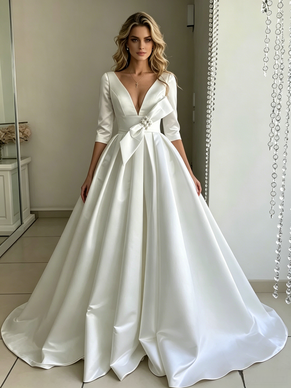 White Satin V-neck Short Sleeve Wedding Dress