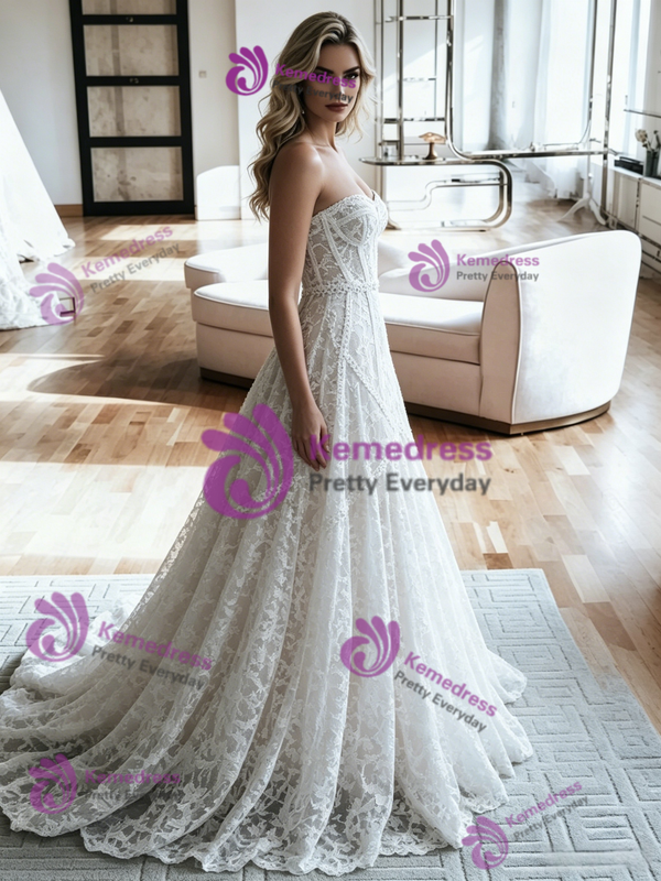 White Lace Strapless Wedding Dress