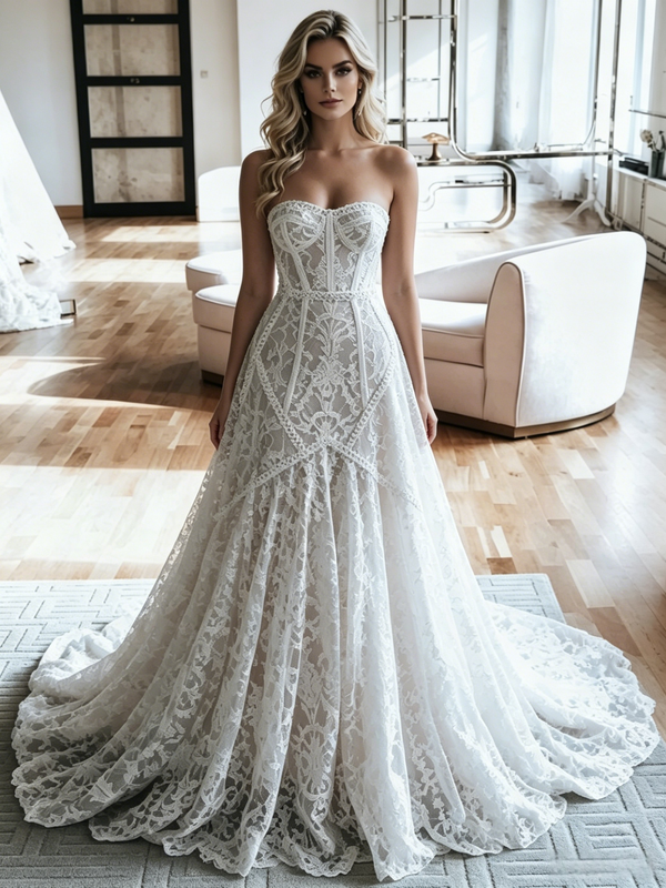 White Lace Strapless Wedding Dress