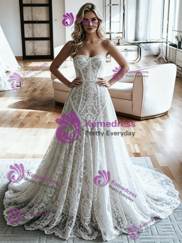 White Lace Strapless Wedding Dress