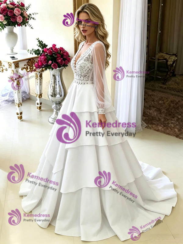 White Long Sleeve V-neck Lace Wedding Dress