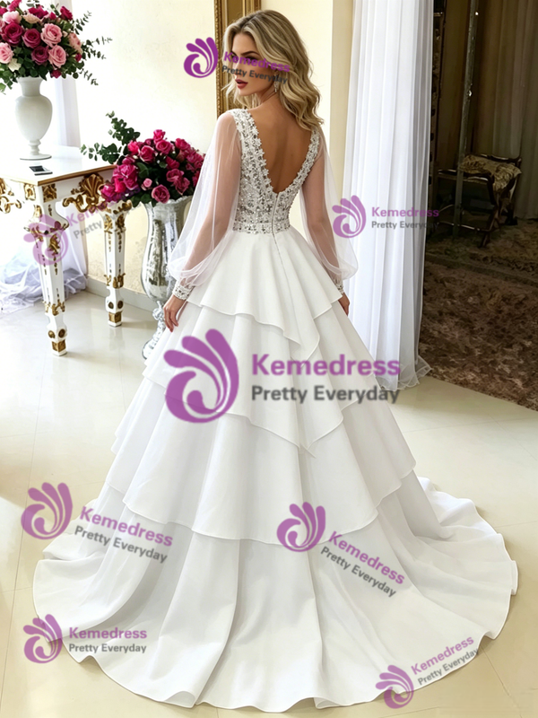 White Long Sleeve V-neck Lace Wedding Dress