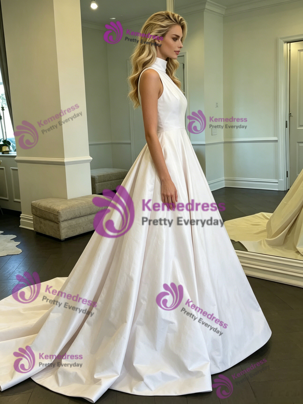 White High Neck Satin Wedding Dress
