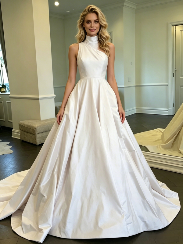 White High Neck Satin Wedding Dress