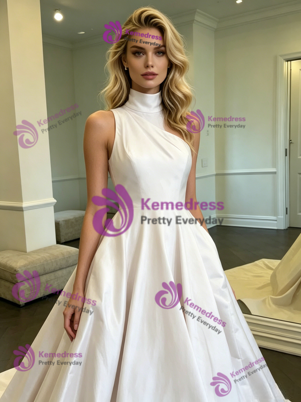 White High Neck Satin Wedding Dress