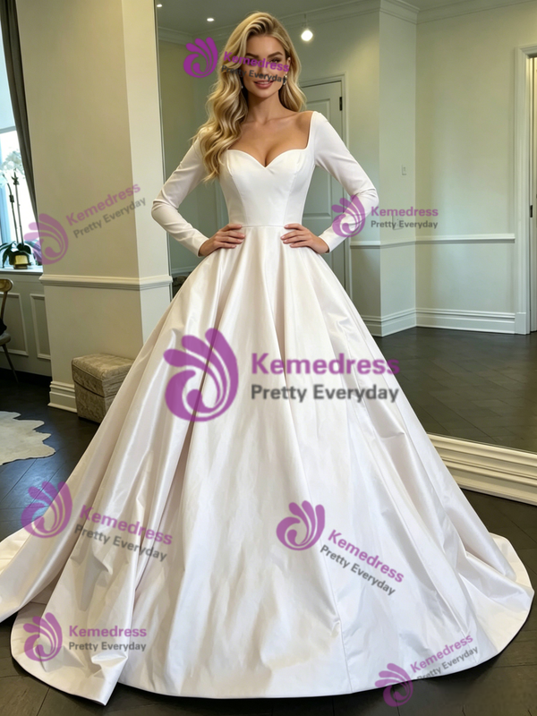 White Satin Long Sleeve Wedding Dress