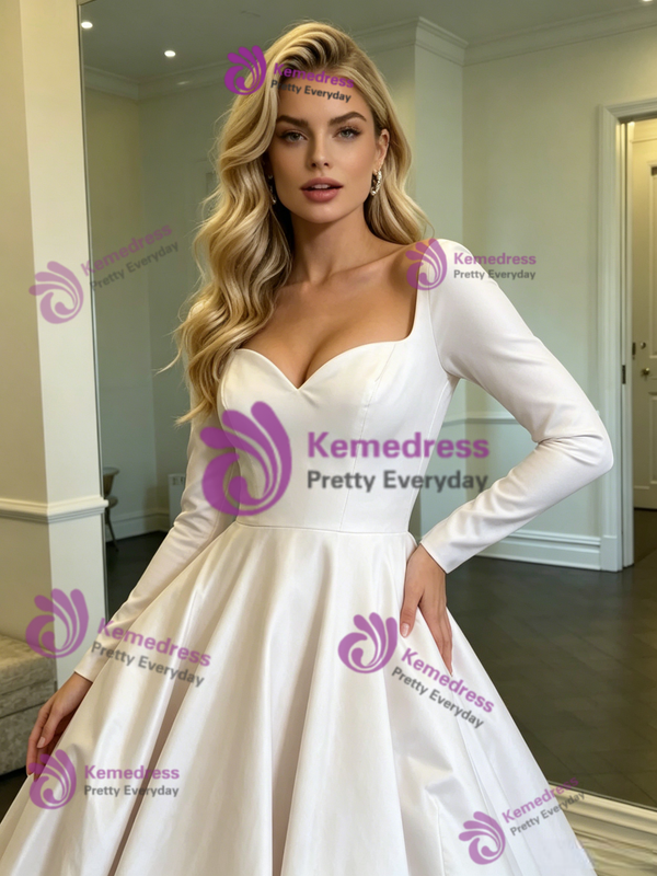 White Satin Long Sleeve Wedding Dress