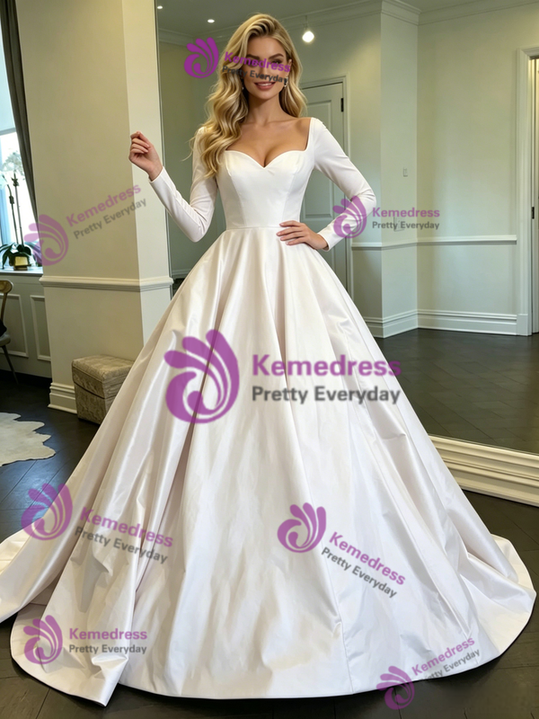 White Satin Long Sleeve Wedding Dress