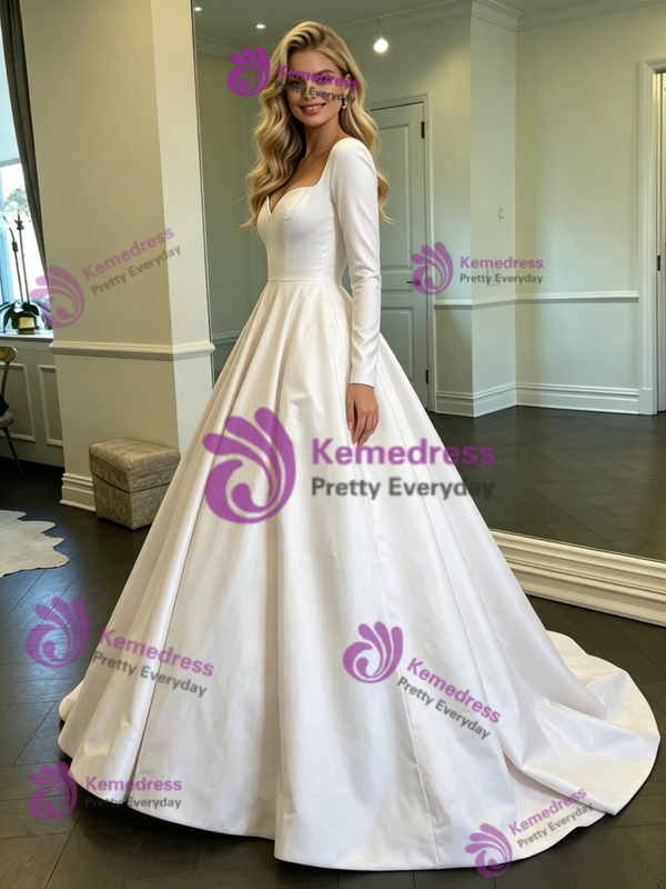 White Satin Long Sleeve Wedding Dress