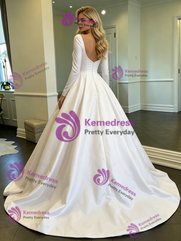 White Satin Long Sleeve Wedding Dress
