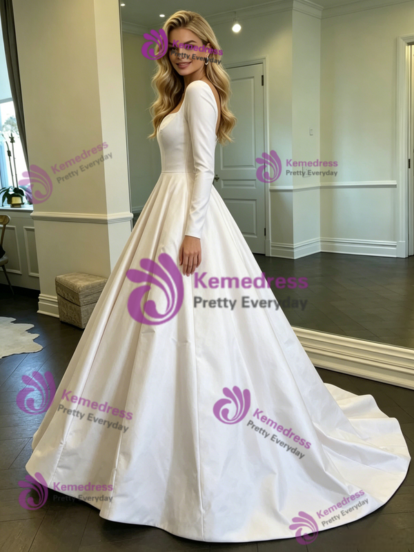 White Satin Long Sleeve Wedding Dress