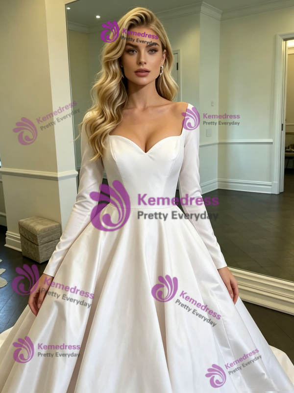 White Satin Long Sleeve Wedding Dress