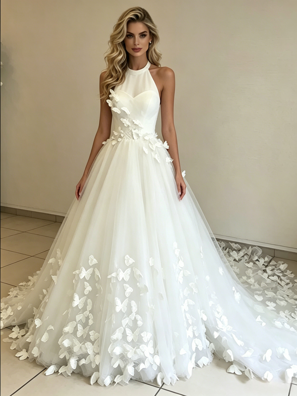 White Tulle Halter Backless Butterfly Wedding Dress